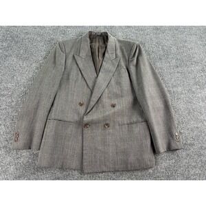 Vintage Sasson Suit Jacket 42S Taupe Wool Polyester Double Breasted Windowpane